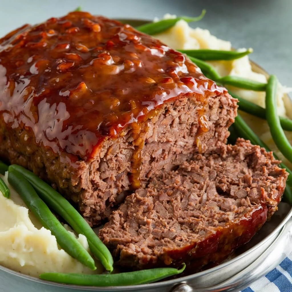 Juicy homemade meatloaf with a glossy sweet and tangy glaze, sliced and served with mashed potatoes and green beans on a rustic plate.