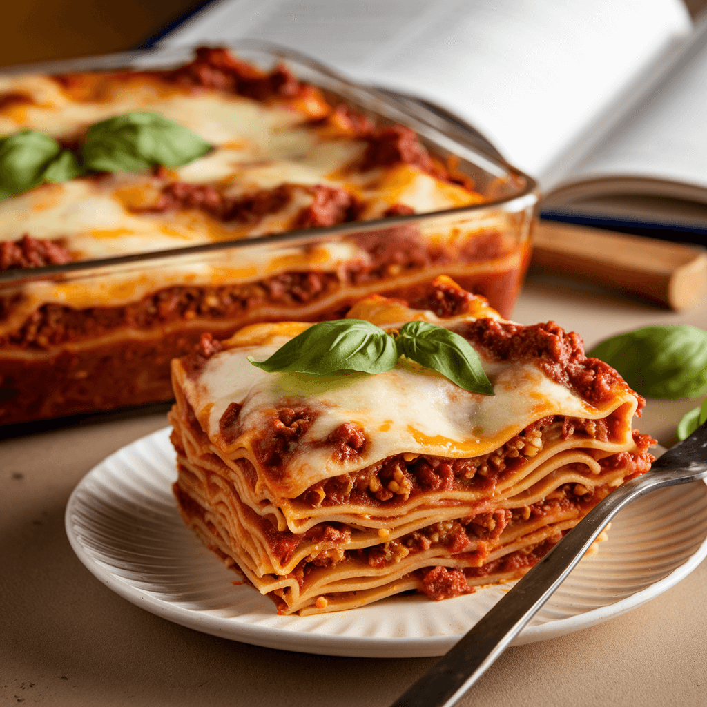 Classic homemade lasagna with layers of pasta, rich meat sauce, melted cheese, and fresh basil, served on a white plate with a baking dish in the background.