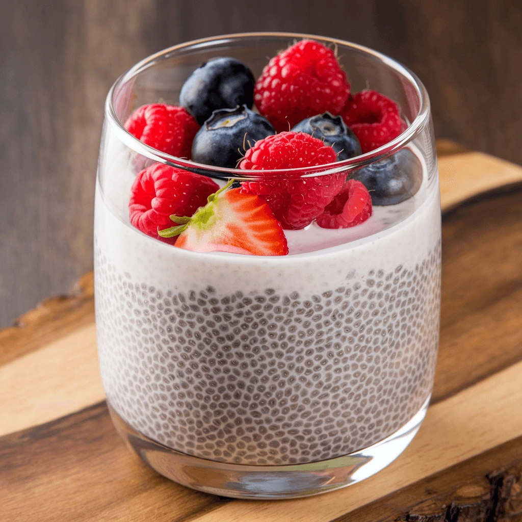 A glass of low-calorie chia pudding topped with fresh raspberries, blueberries, and a sliced strawberry, served on a wooden board with a dark wood background.