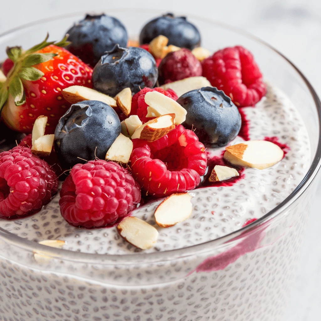 A close-up of a glass bowl filled with chia pudding, topped with fresh blueberries, raspberries, a strawberry, sliced almonds, and a drizzle of berry juice.