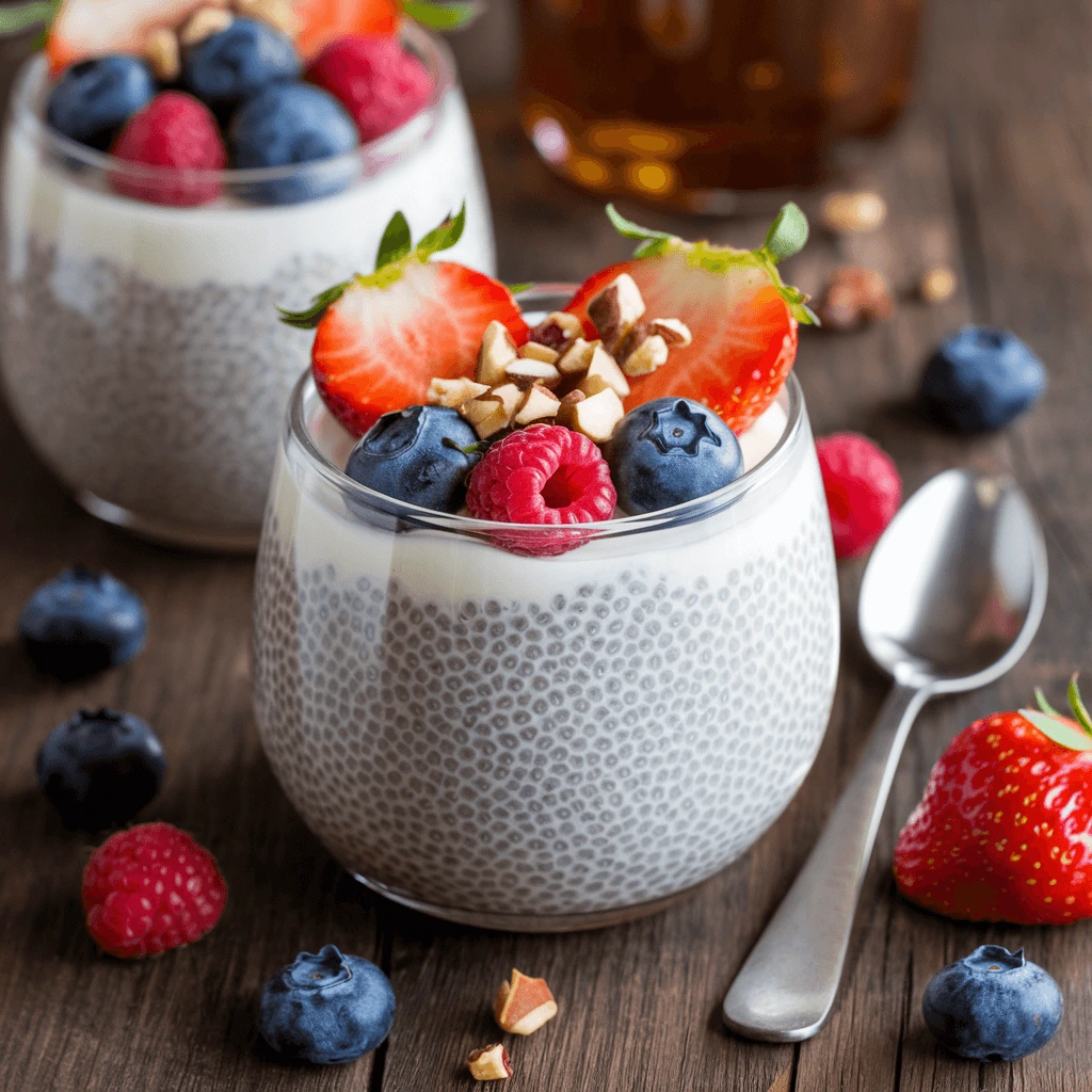 Two glasses of low-calorie chia pudding topped with fresh strawberries, blueberries, raspberries, and chopped nuts, placed on a rustic wooden table with a spoon and scattered berries.