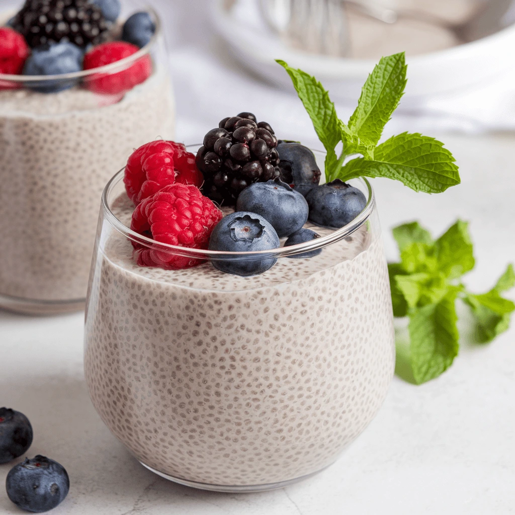 A glass of creamy chia pudding topped with fresh raspberries, blueberries, and a sliced strawberry, placed on a wooden board with a dark wood background.