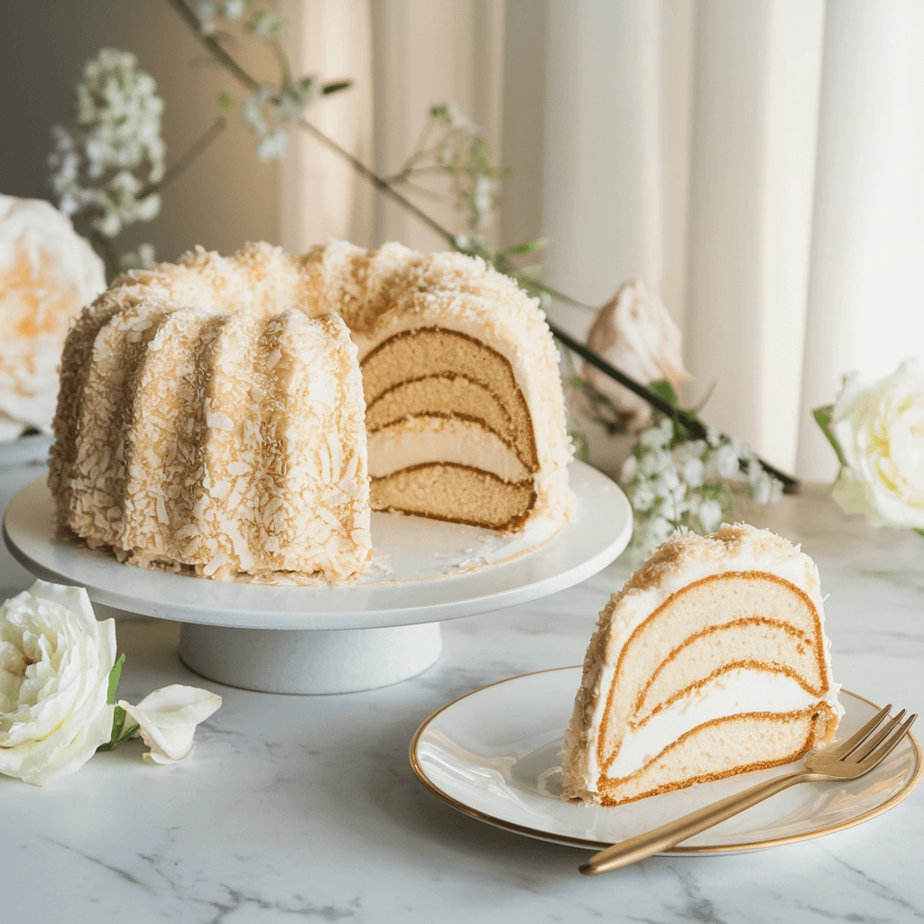  A beautifully layered Tom Cruise Coconut Cake, elegantly plated with a golden fork, featuring rich coconut shavings and a creamy filling.