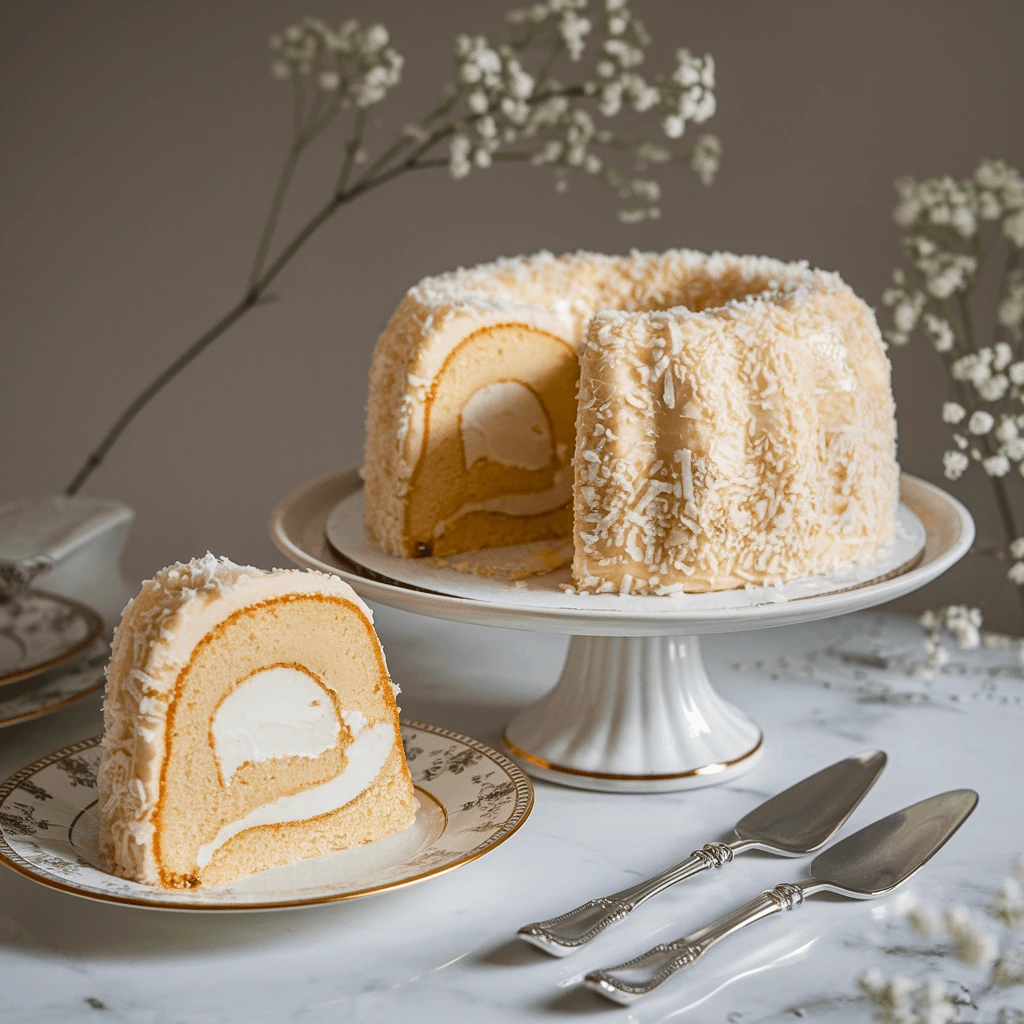 A minimalist Tom Cruise Coconut Cake elegantly placed on a sleek black cake stand, with a modern, clean dining setup.