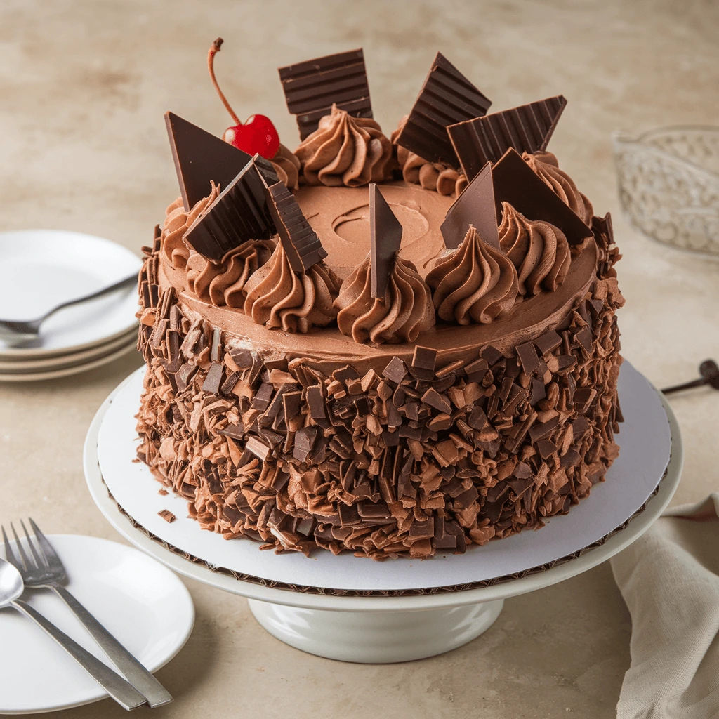 A beautifully decorated Matilda chocolate cake, featuring rich chocolate frosting, piped swirls, chocolate shards, and a maraschino cherry on top, set on a cake stand with plates and forks ready for serving.