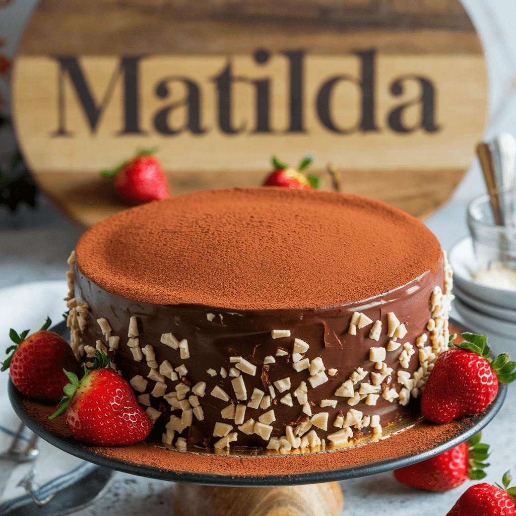 A rich Matilda chocolate cake covered in smooth chocolate ganache, dusted with cocoa powder, and decorated with chopped nuts, accompanied by fresh strawberries.