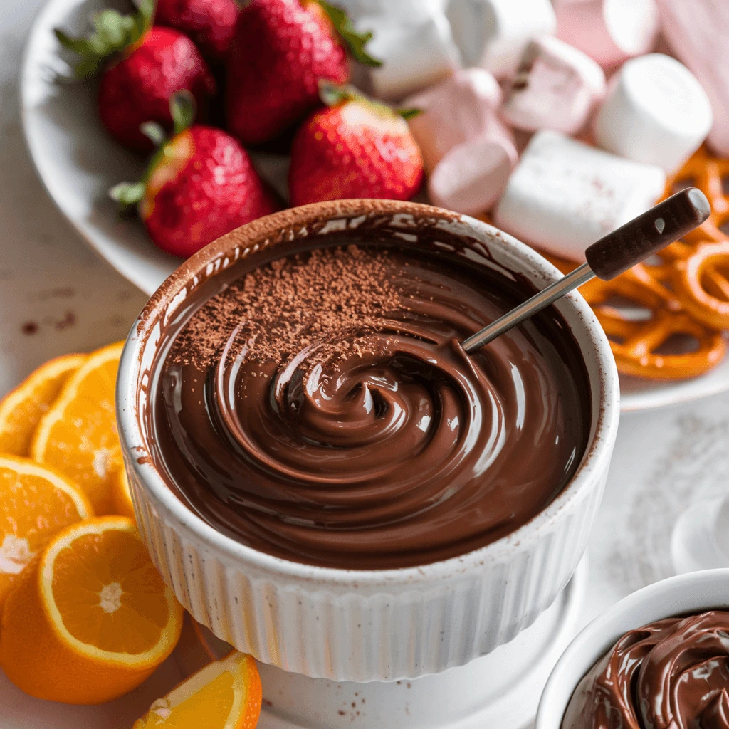 A rich and creamy chocolate fondue served with fresh strawberries, marshmallows, pretzels, and orange slices – the perfect choice for fondue recipes easy to make at home.