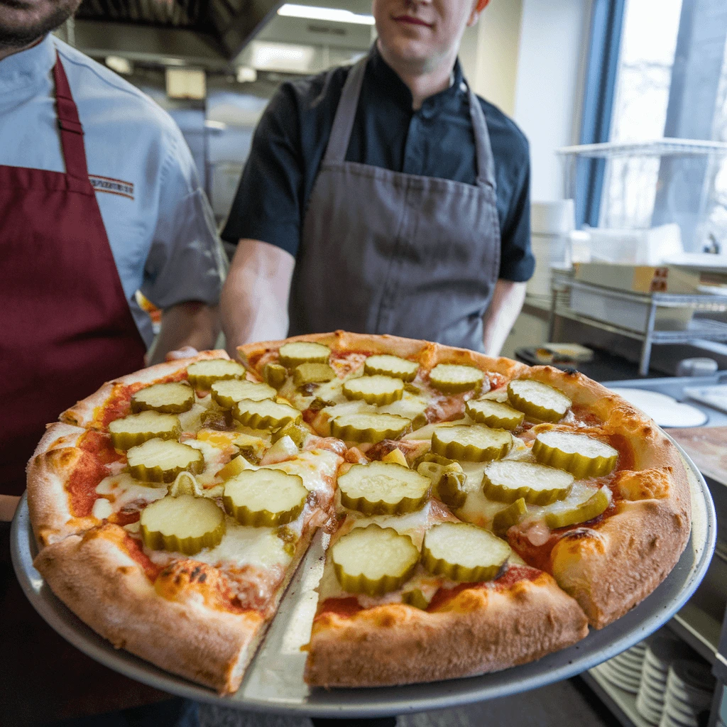 Homemade Pickle Pie Pizza topped with pickles, cheese, and a golden crust