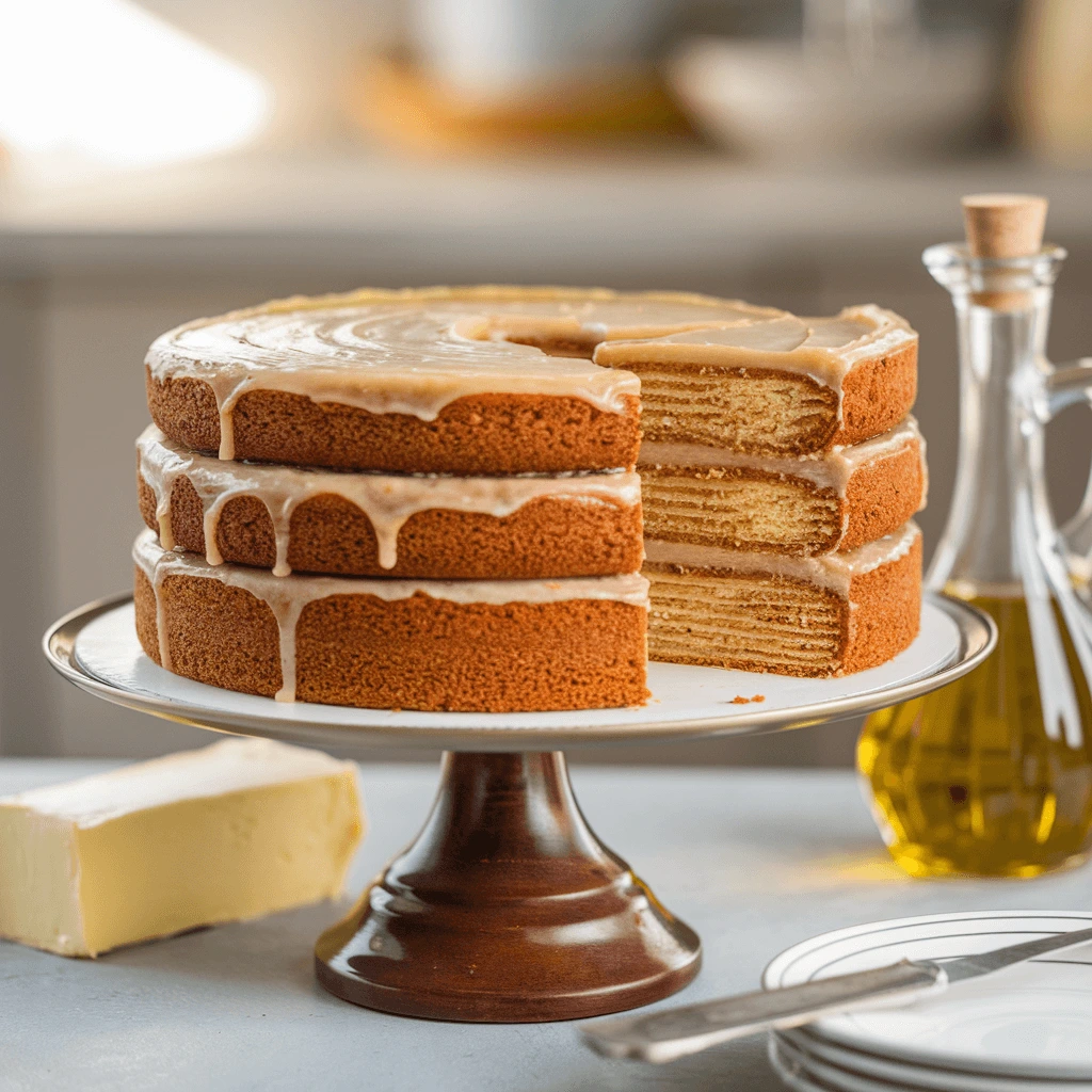 A beautifully layered sponge cake with a light glaze, made using the healthiest oil for baking cake, displayed on a wooden cake stand.