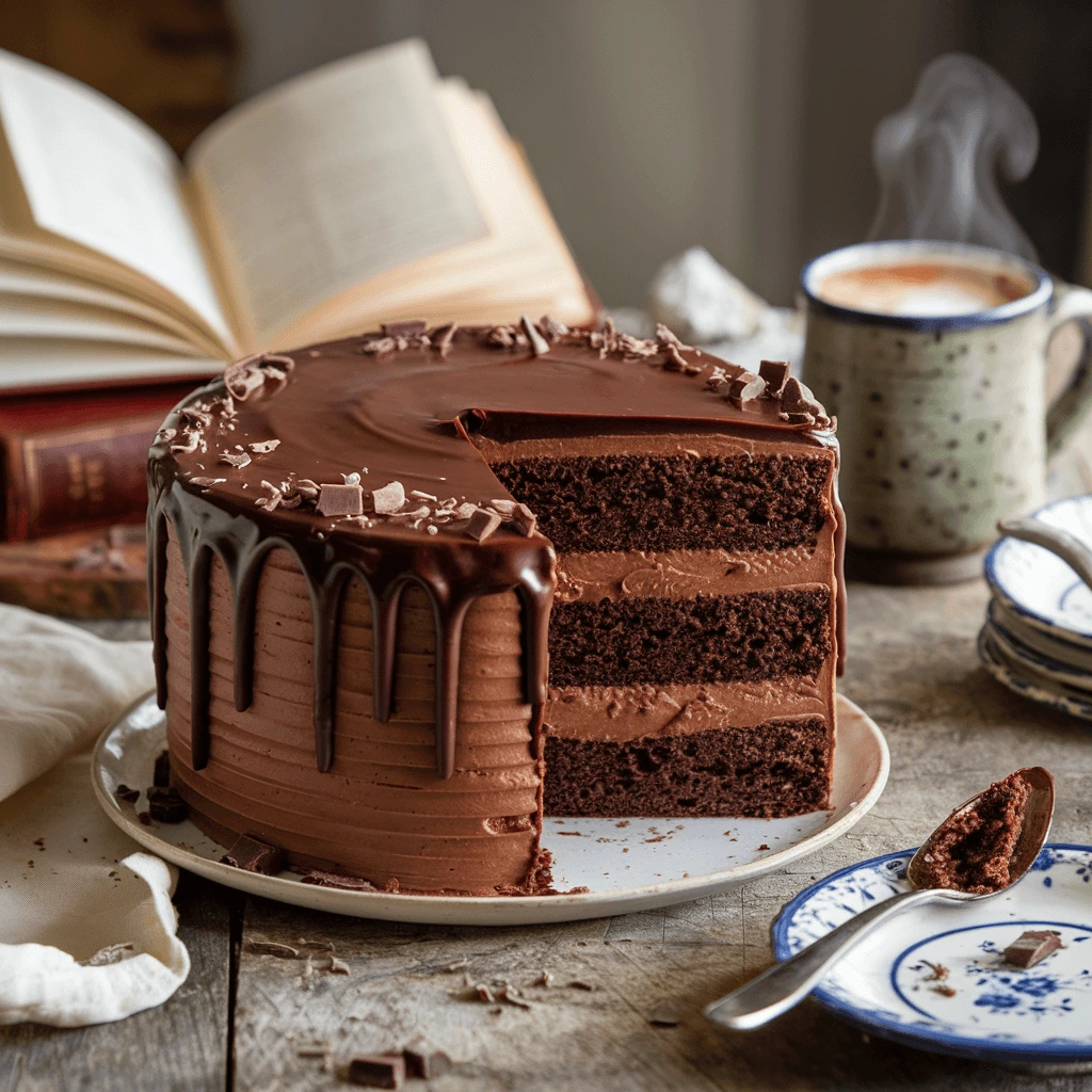 A rich, layered chocolate cake with smooth chocolate frosting and a glossy ganache drip, served alongside a steaming cup of coffee and an open book.