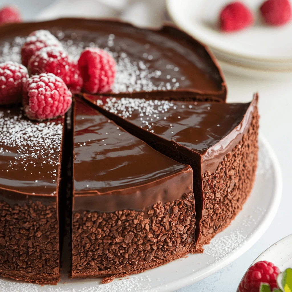 A decadent flourless chocolate cake with a silky ganache topping, garnished with fresh raspberries and a dusting of powdered sugar.