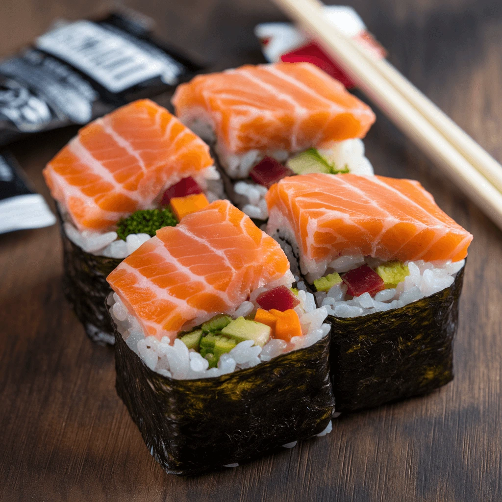 A beautifully plated sushi roll topped with fresh salmon, served with soy sauce and wasabi.