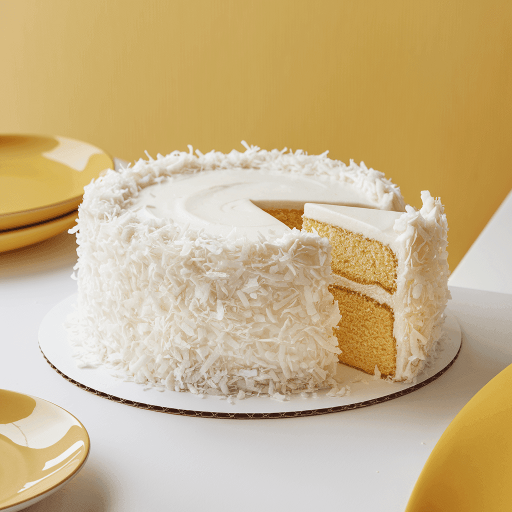 A beautifully layered Tom Cruise Coconut Cake with creamy coconut frosting and delicate coconut flakes.