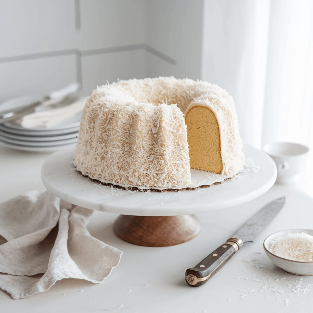 A freshly baked Tom Cruise Cake, beautifully presented on a white marble cake stand, topped with shredded coconut for an elegant touch.