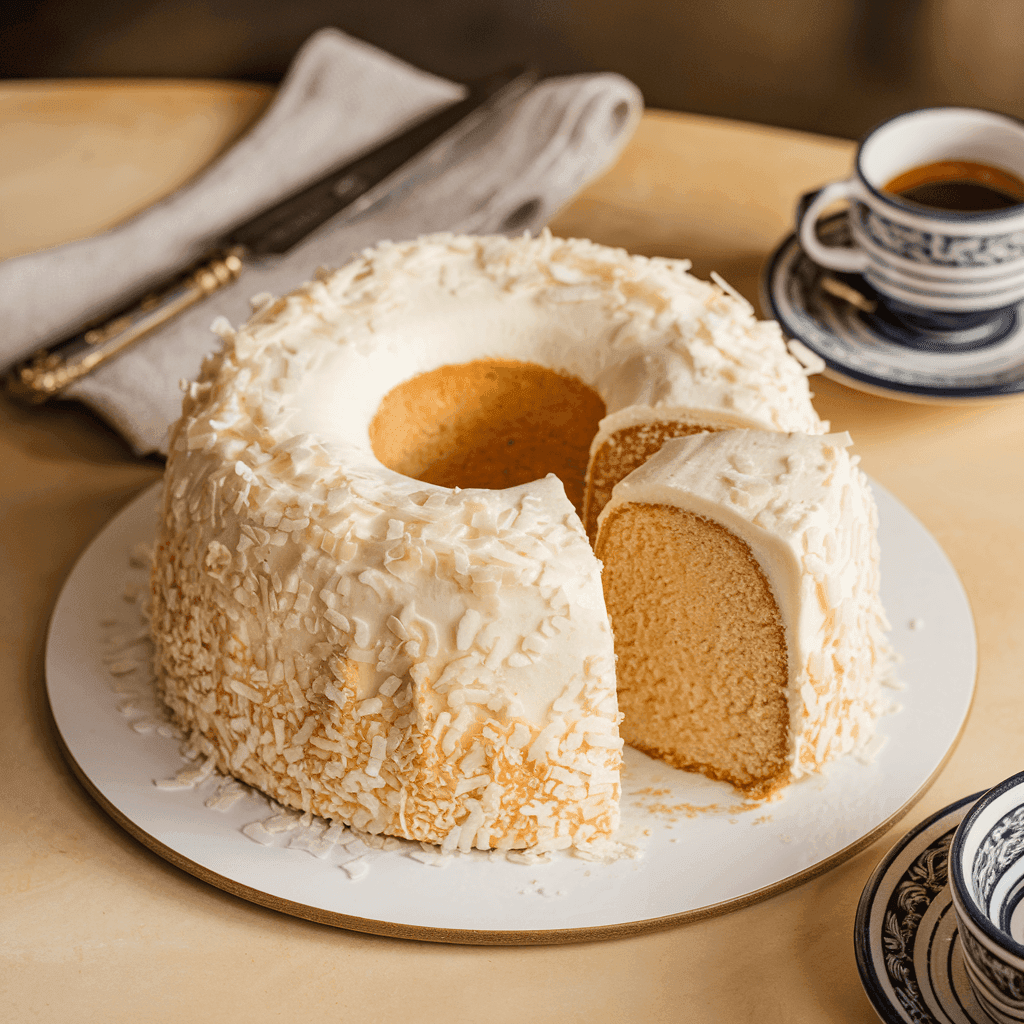 A beautifully presented Tom Cruise Coconut Cake with a soft, fluffy texture, coated in creamy coconut frosting and topped with shredded coconut.