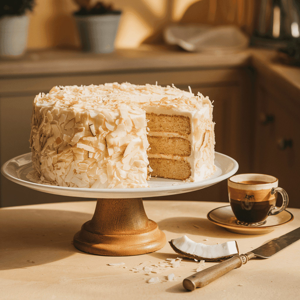 A beautifully presented Tom Cruise Coconut Cake on a wooden cake stand, covered in creamy coconut frosting and topped with toasted coconut flakes.