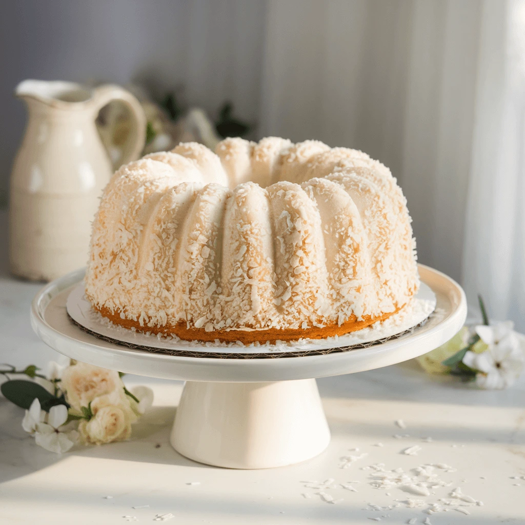  A beautifully presented Tom Cruise Coconut Cake, covered in shredded coconut, sitting elegantly on a white cake stand in a bright, airy setting.