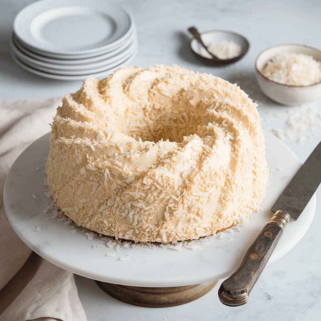 A beautifully presented Tom Cruise Coconut Cake, covered in shredded coconut, sitting elegantly on a white cake stand in a bright, airy setting.