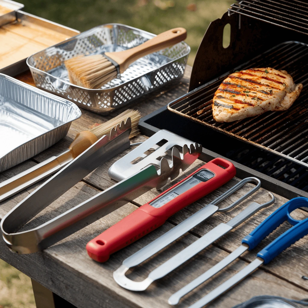 A collection of essential BBQ tools and accessories laid out on a wooden table next to a grill with a seasoned chicken breast cooking over the flames.