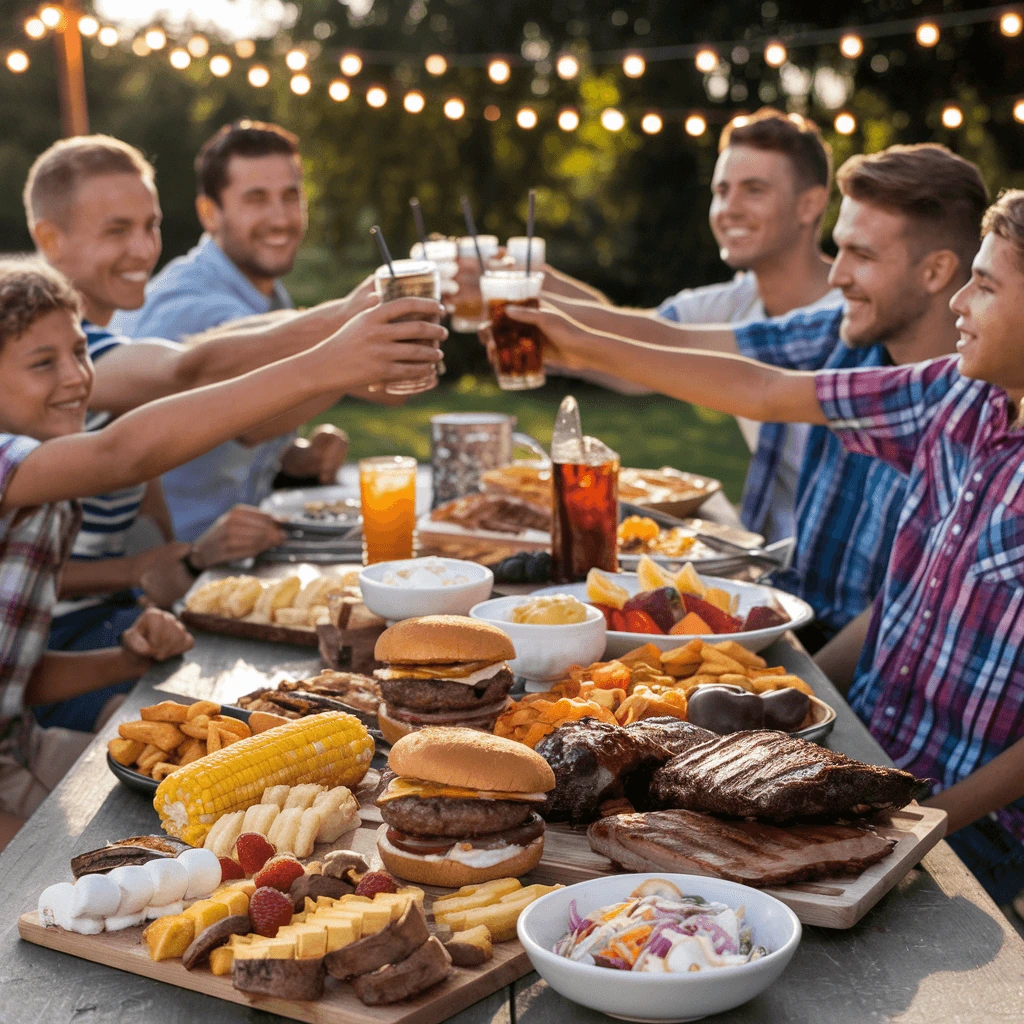 A joyful outdoor Cook Out Gathering with friends and family raising their drinks in celebration, surrounded by a feast of burgers, ribs, corn on the cob, fresh fruit, coleslaw, and crispy sides under string lights.