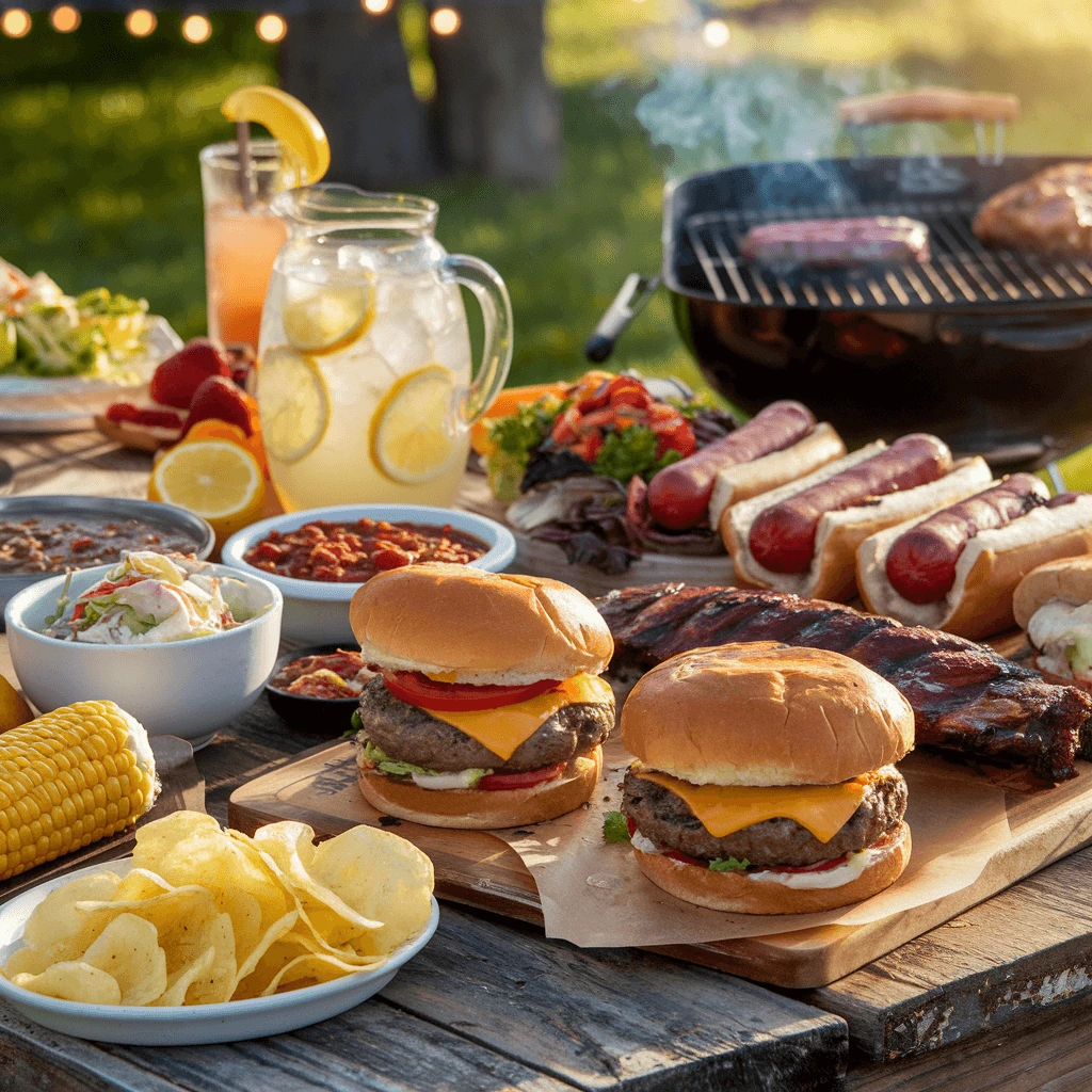 A vibrant outdoor BBQ feast with juicy cheeseburgers, grilled hot dogs, ribs, corn on the cob, chips, coleslaw, and refreshing lemonade, set on a rustic picnic table with a smoking grill in the background.