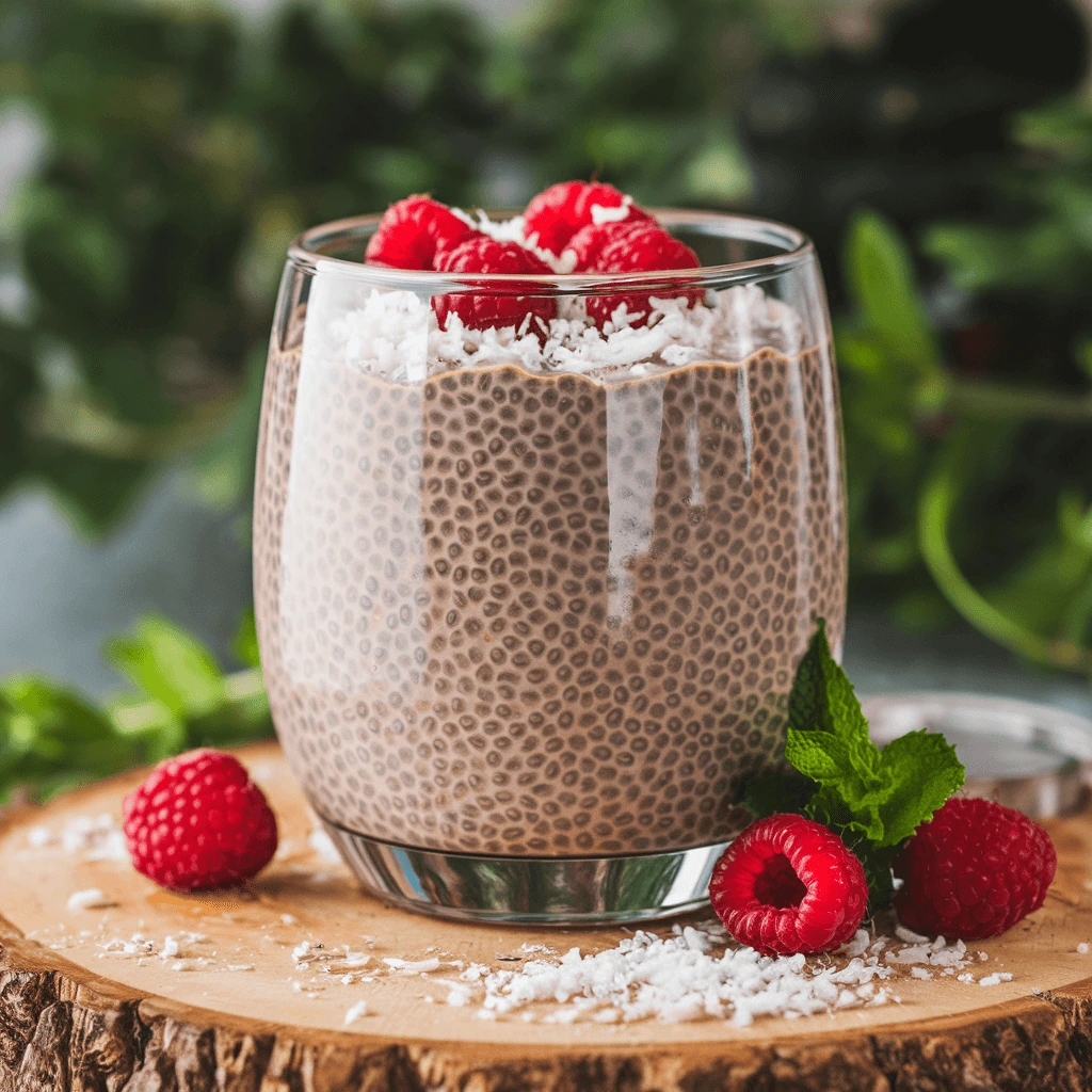  A layered berry chia pudding with raspberry compote, yogurt, and nuts, drizzled with honey.