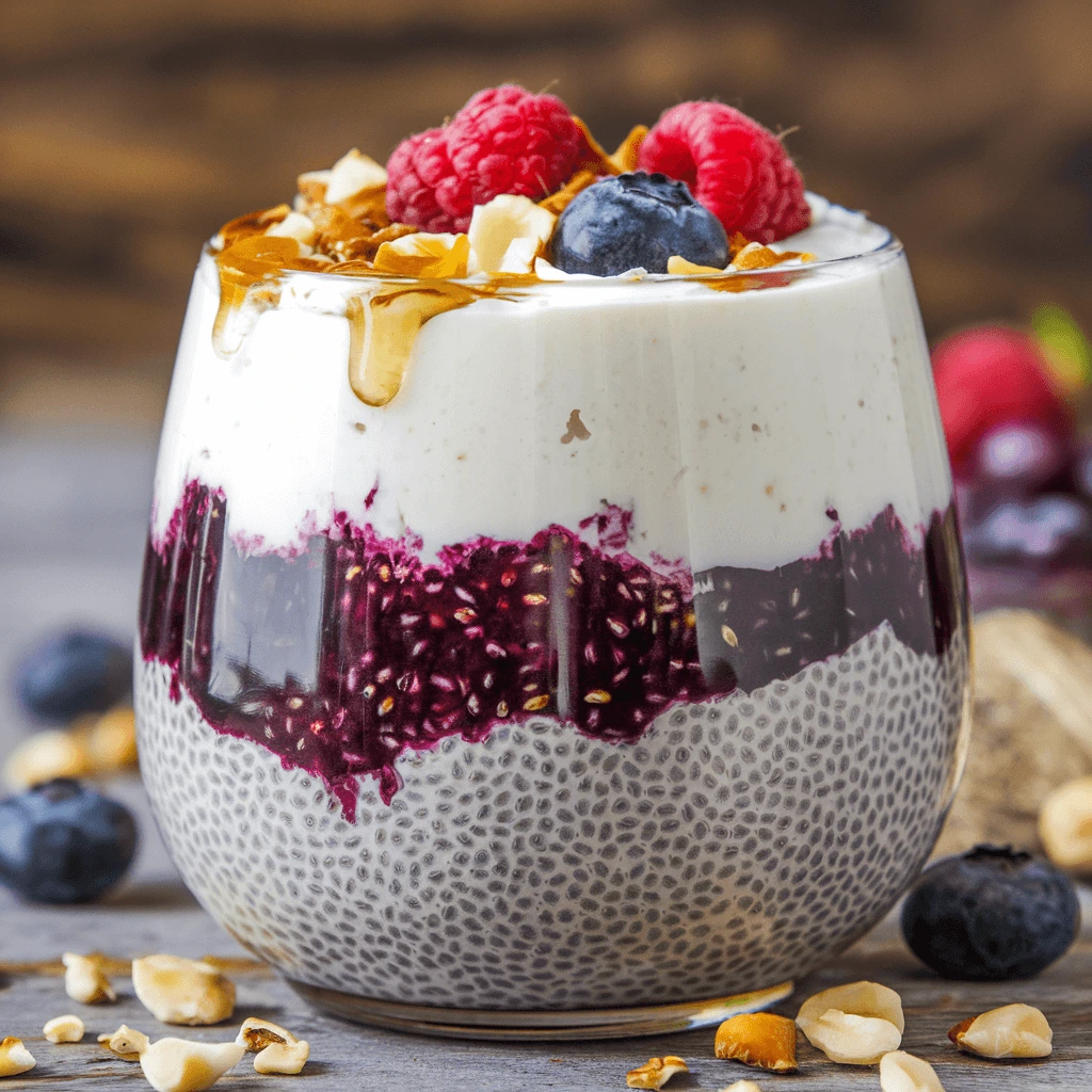 A glass of rich chocolate chia pudding topped with fresh raspberries and coconut flakes, placed on a wooden surface.