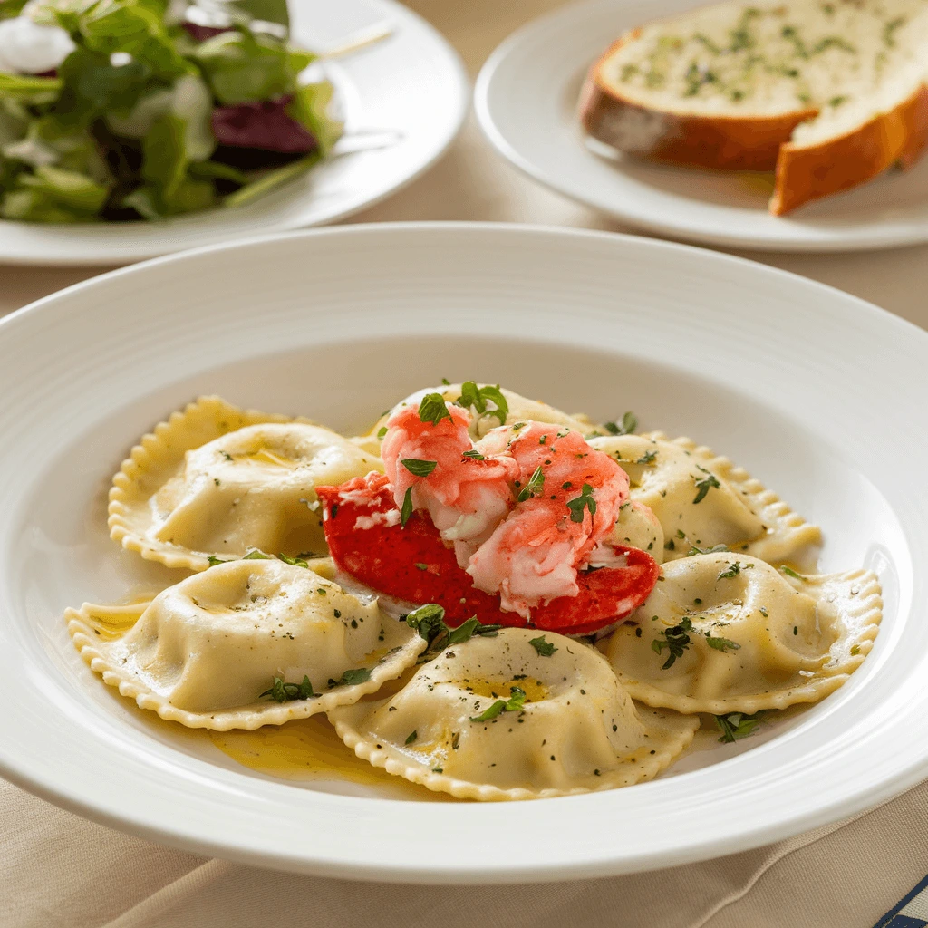 Freshly made lobster ravioli on a plate, topped with creamy butter sauce and garnished with parsley.