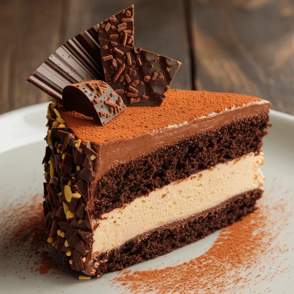 A decadent slice of chocolate cake with creamy layers and a glossy ganache topping.