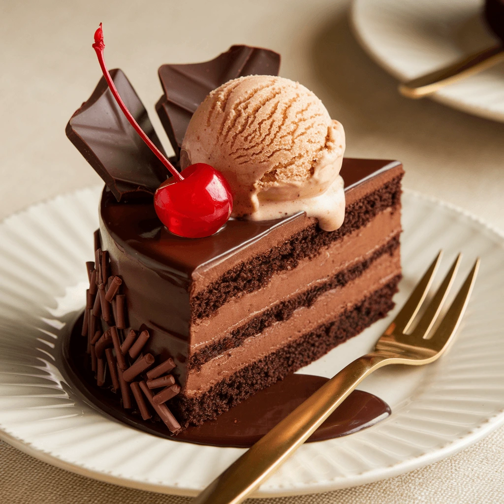 A luxurious slice of Matilda chocolate cake, featuring rich chocolate layers, creamy chocolate filling, glossy ganache, and topped with a scoop of chocolate ice cream, a maraschino cherry, and chocolate decorations.