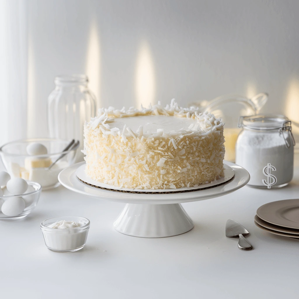 A beautifully frosted Tom Cruise Coconut Cake, adorned with delicate coconut flakes, sitting on a clean, minimalist white cake stand with ingredients in the background, showcasing its luxurious design.