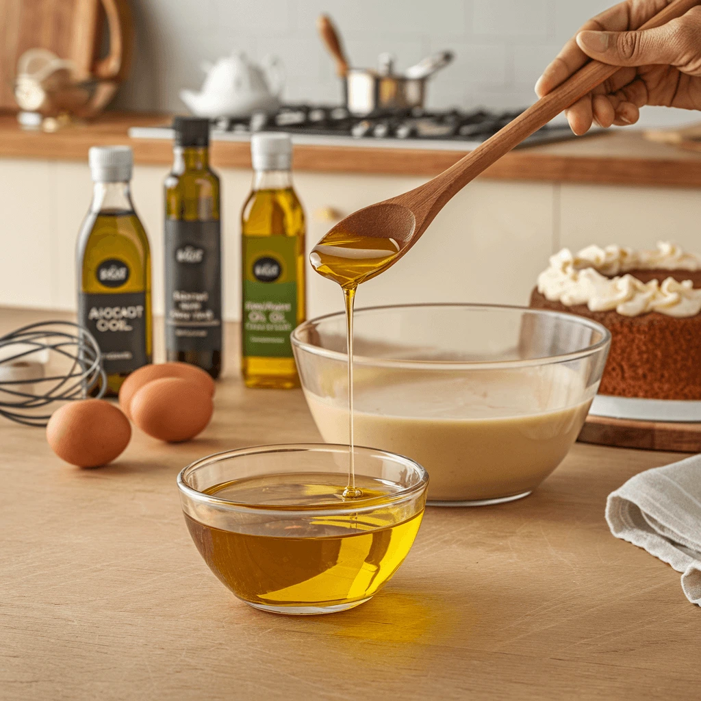 Pouring healthy oil into cake batter with a selection of avocado and extra virgin olive oils in a modern kitchen.