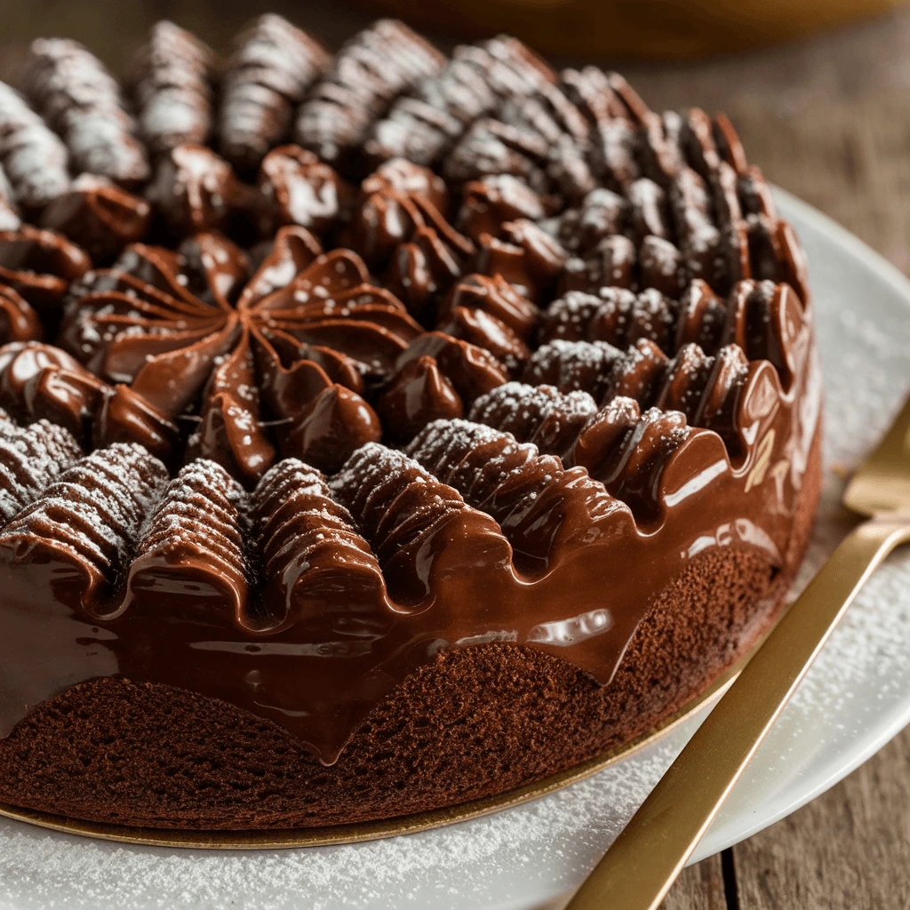 A decadent chocolate cake topped with glossy chocolate ganache, intricate piped chocolate swirls, and a light dusting of powdered sugar.