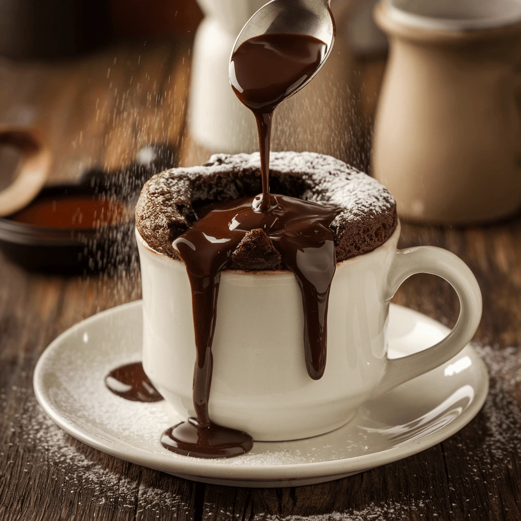 A rich and gooey chocolate mug cake overflowing with melted chocolate, served in a white ceramic mug on a rustic wooden table.