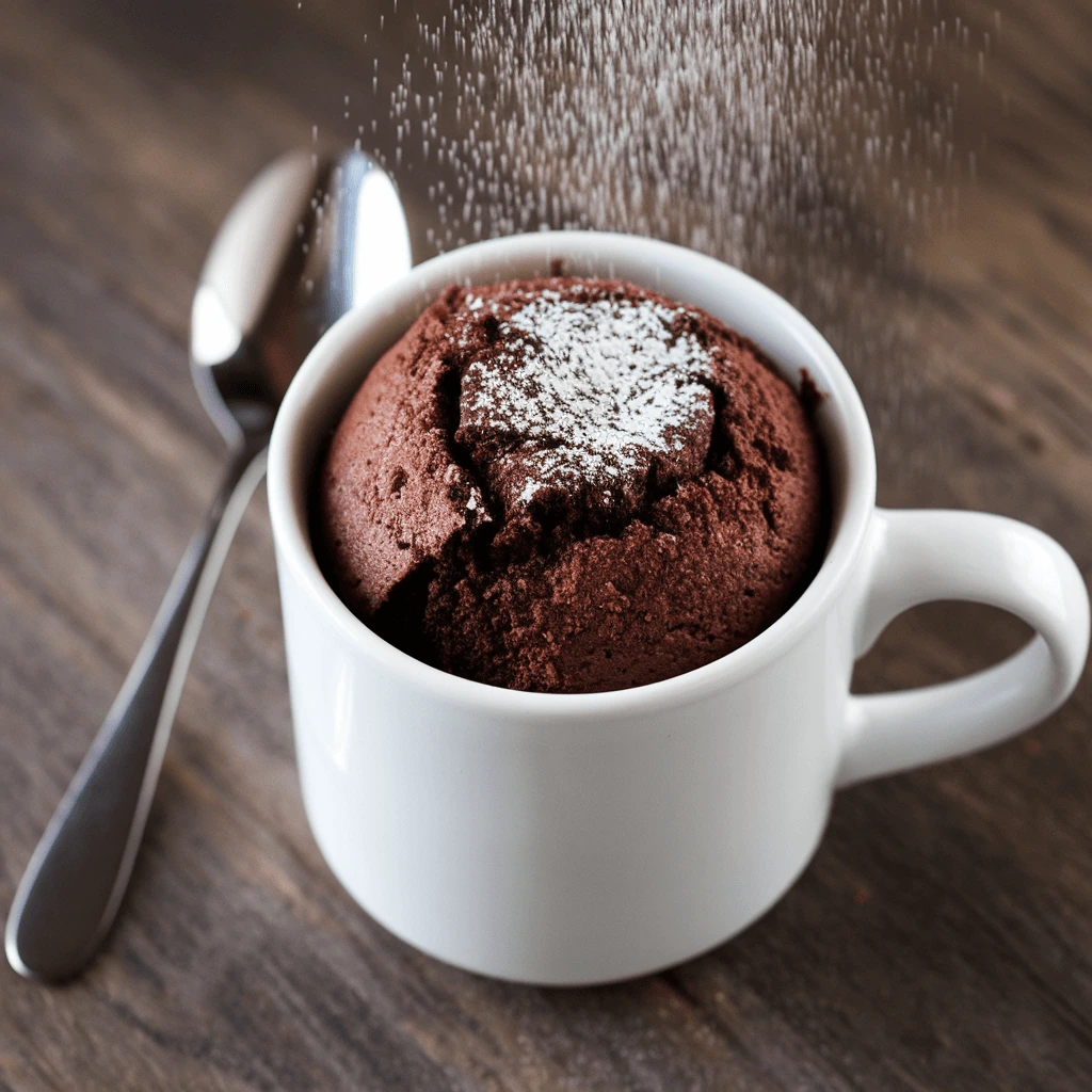  A single-serving chocolate mug cake in a white ceramic cup, dusted with powdered sugar, served on a rustic wooden table.