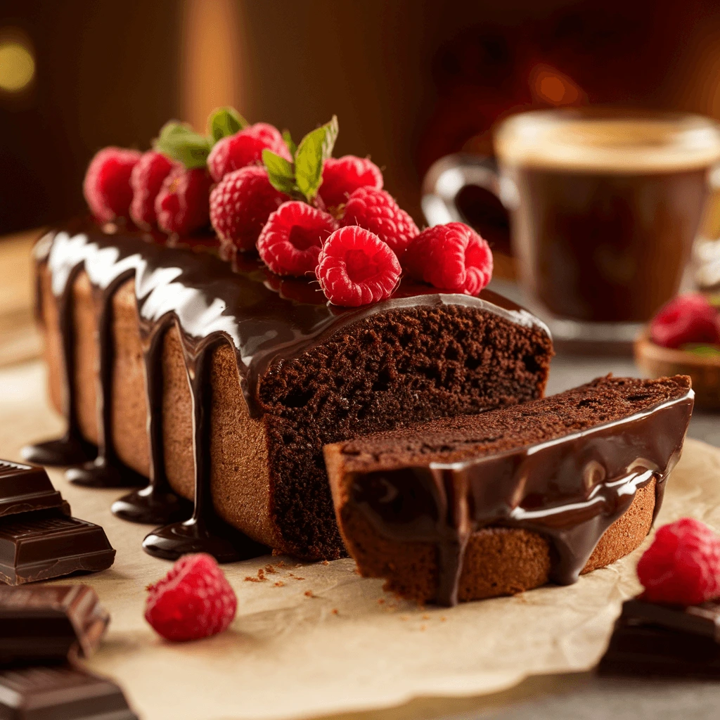 A rich and moist chocolate loaf cake topped with glossy dark chocolate ganache, garnished with fresh raspberries and mint leaves.