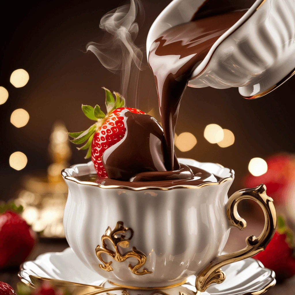 A luxurious cup of hot, melted chocolate fondue with a fresh strawberry dipped, creating a rich and indulgent fondue experience – an easy and elegant fondue recipe.