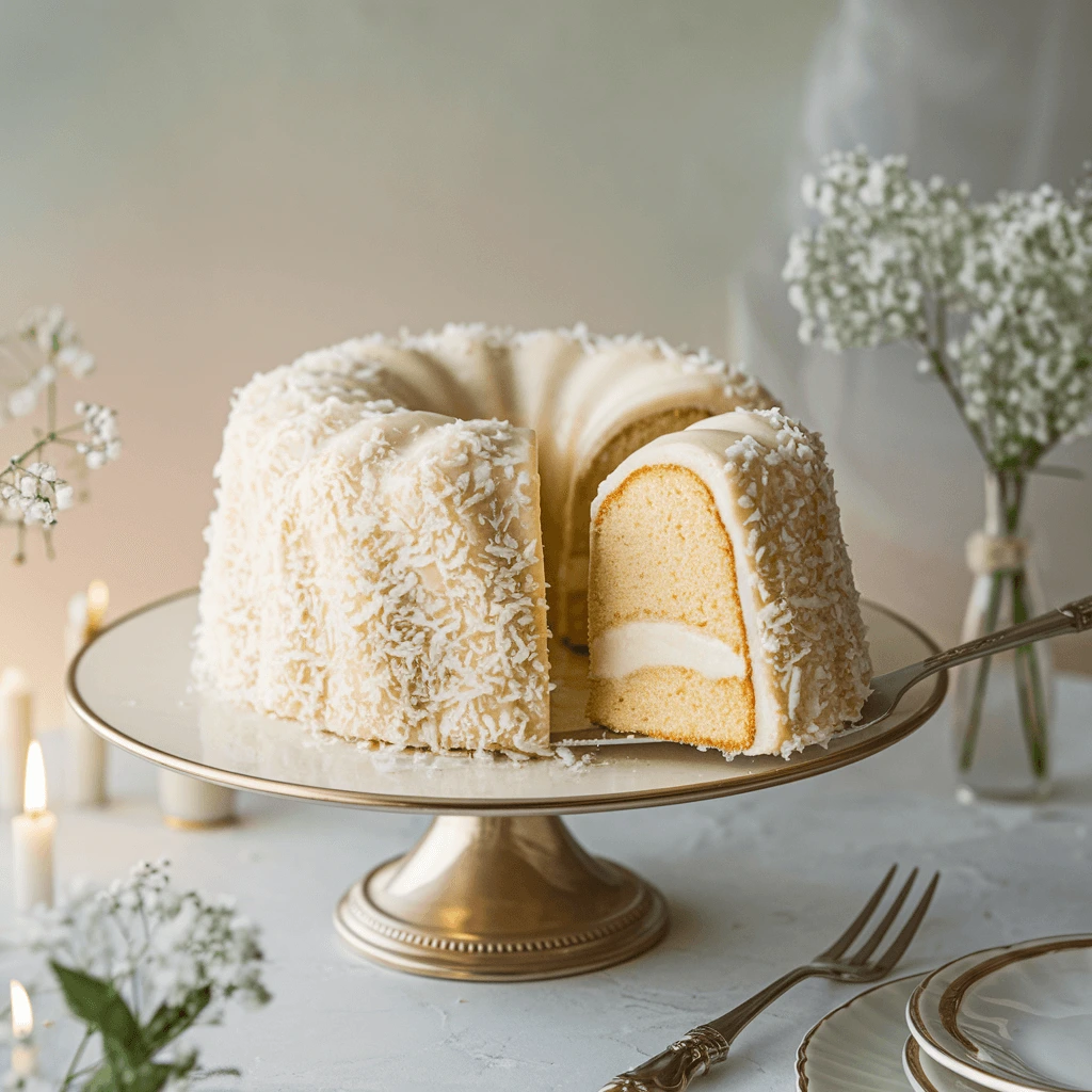  A decadent Tom Cruise Coconut Cake displayed elegantly on a white cake stand, surrounded by minimalistic kitchen items and soft lighting that enhances its beauty.