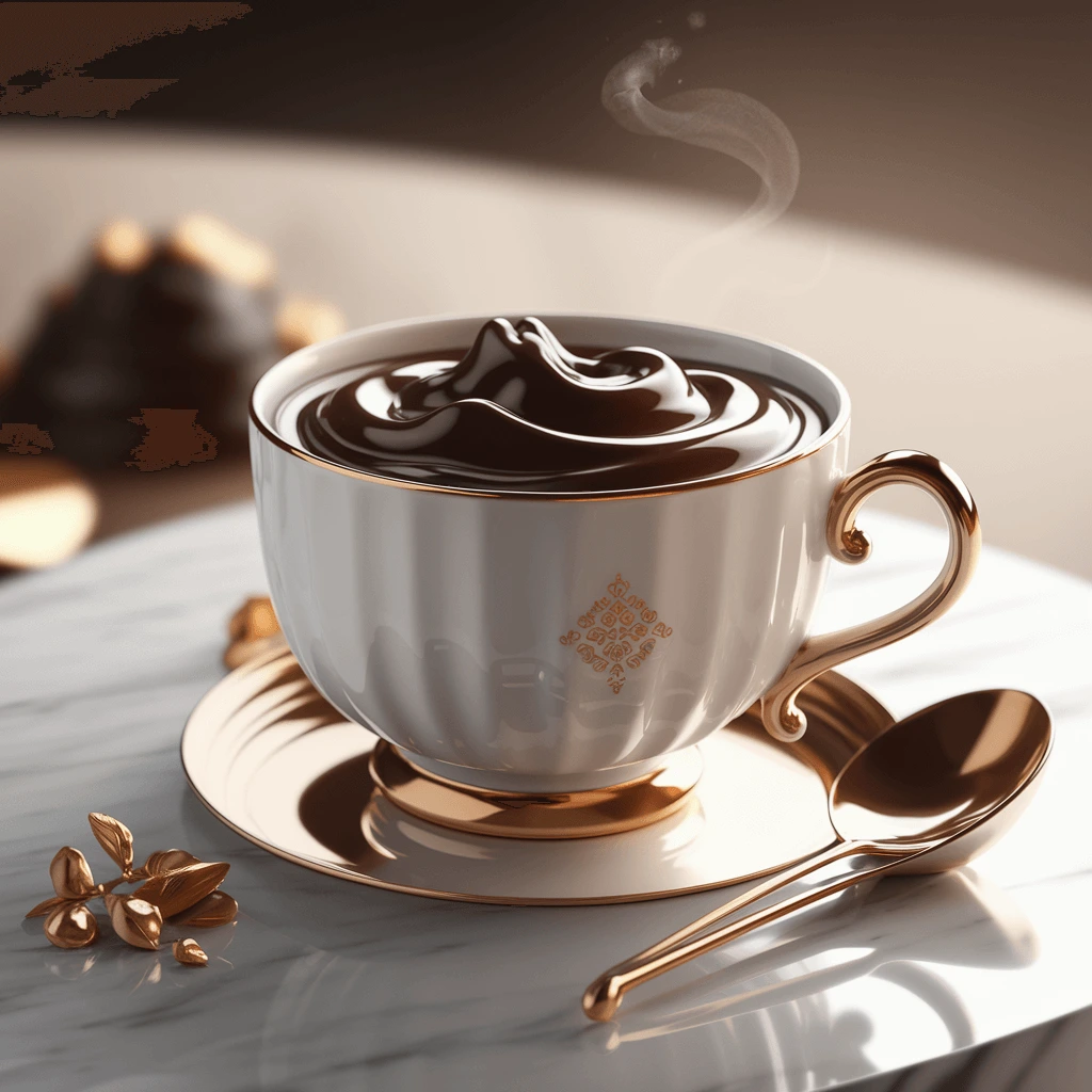 A luxurious cup of smooth and velvety chocolate fondue, elegantly served in a white and gold cup, placed on a marble surface.