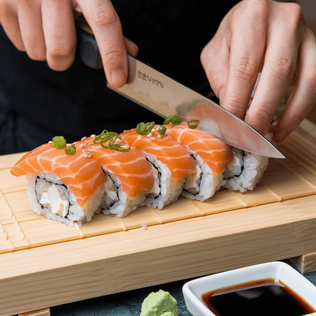 A beautifully plated sushi roll topped with fresh salmon, served with soy sauce and wasabi.