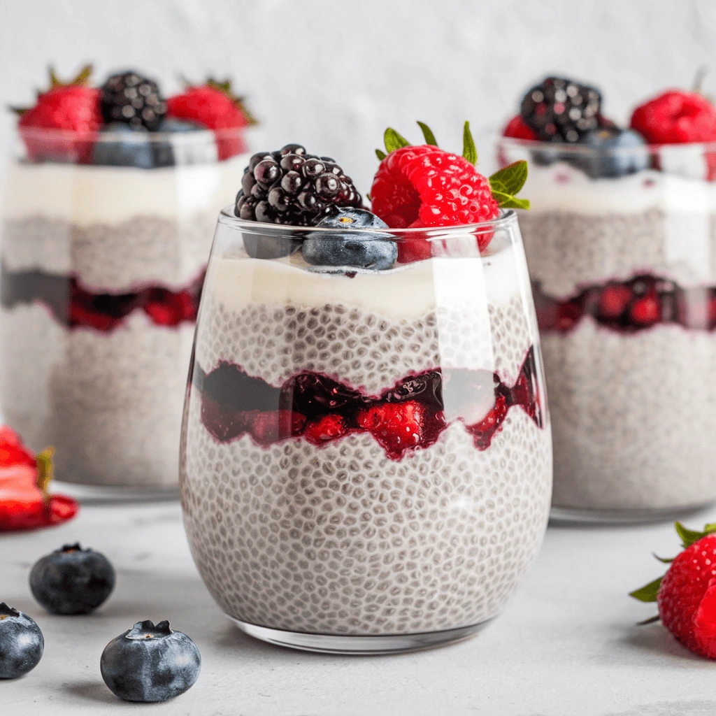 A glass of berry chia pudding layered with yogurt and berry compote, topped with fresh blackberries and raspberries.