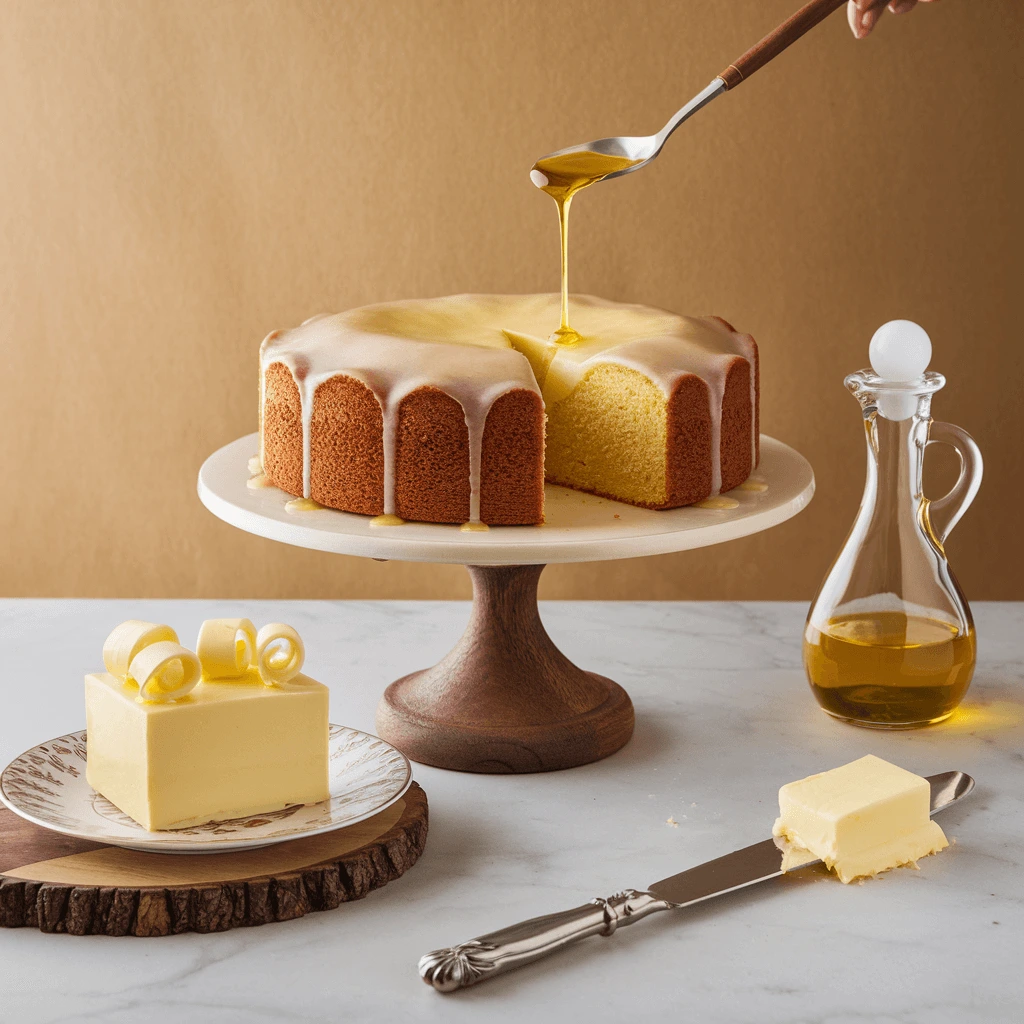 A beautifully layered sponge cake with a light glaze, made using the healthiest oil for baking cake, displayed on a wooden cake stand.