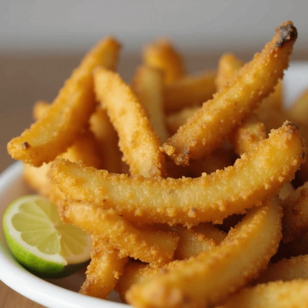 Close-up shot of crispy, golden-breaded fries served on a white plate with a fresh lime wedge.