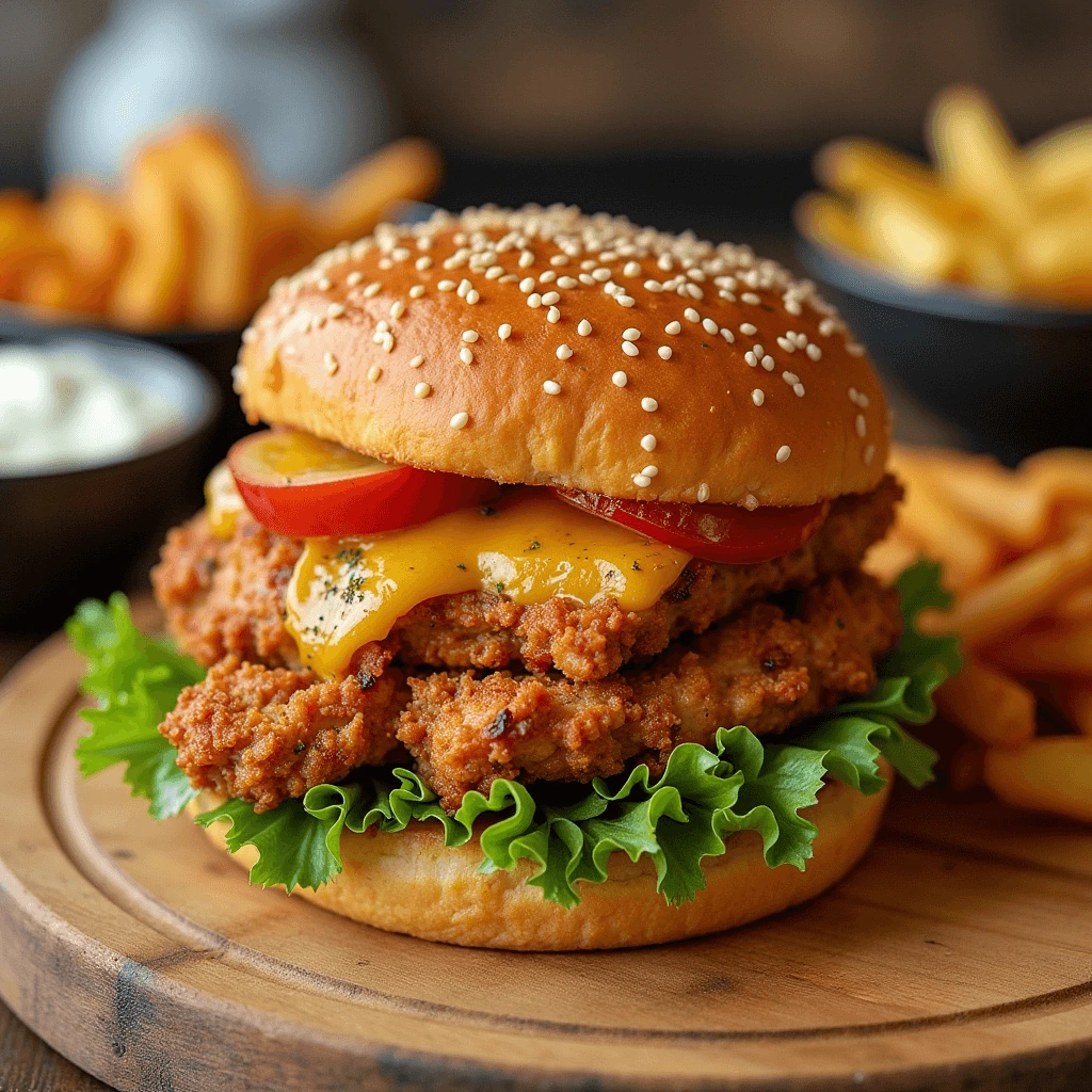 A double-stacked crispy fried chicken sandwich with melted cheddar cheese, fresh lettuce, tomato slices, and a toasted sesame seed bun, served with a side of golden fries.