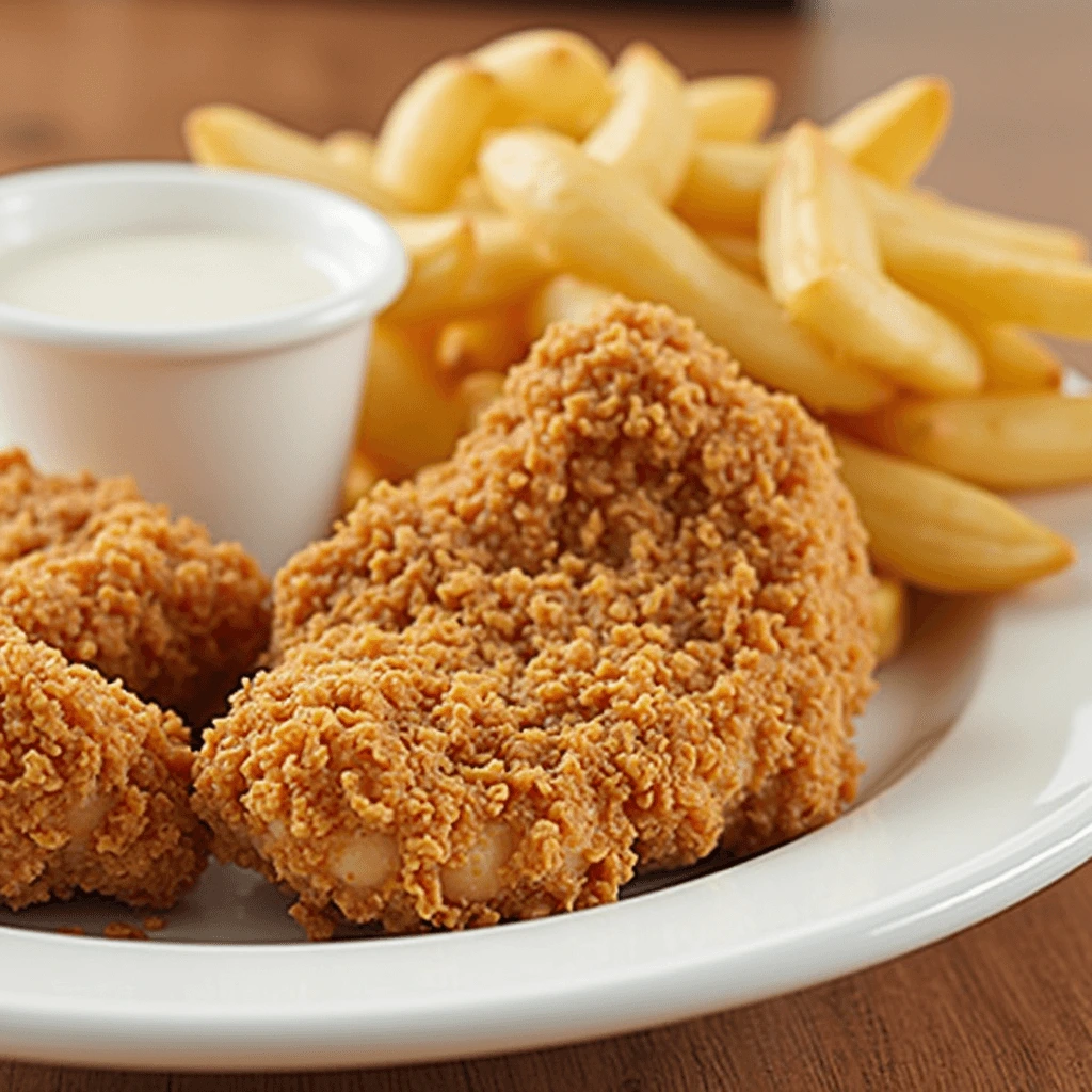 A plate of crispy, golden-fried chicken tenders served with French fries and a side of creamy white dipping sauce.