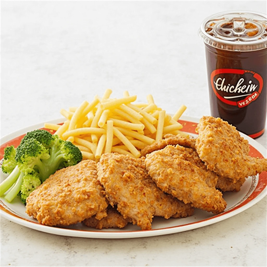 A plate of crispy, golden-fried chicken fillets served with French fries, steamed broccoli, and a refreshing iced cola drink.