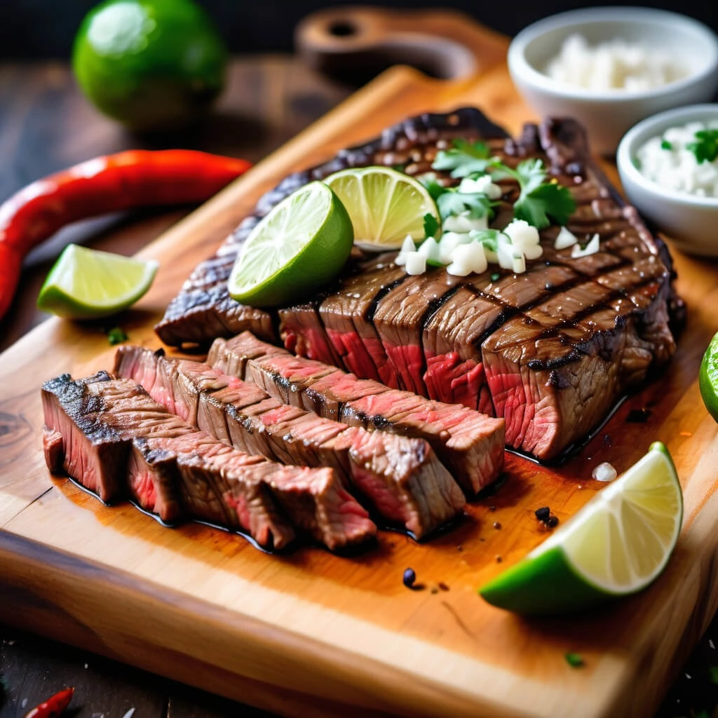 Perfectly grilled carne asada steak, marinated in a bold Mexican asada marinade, sliced and served with fresh lime wedges, chopped onions, and cilantro on a wooden cutting board.