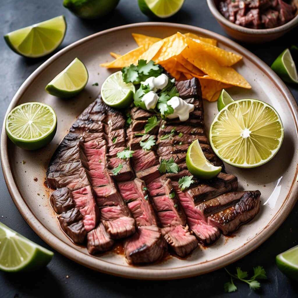 Juicy grilled carne asada steak, marinated in a flavorful Mexican asada marinade, served with fresh lime wedges, cilantro, tortilla chips, and sour cream.