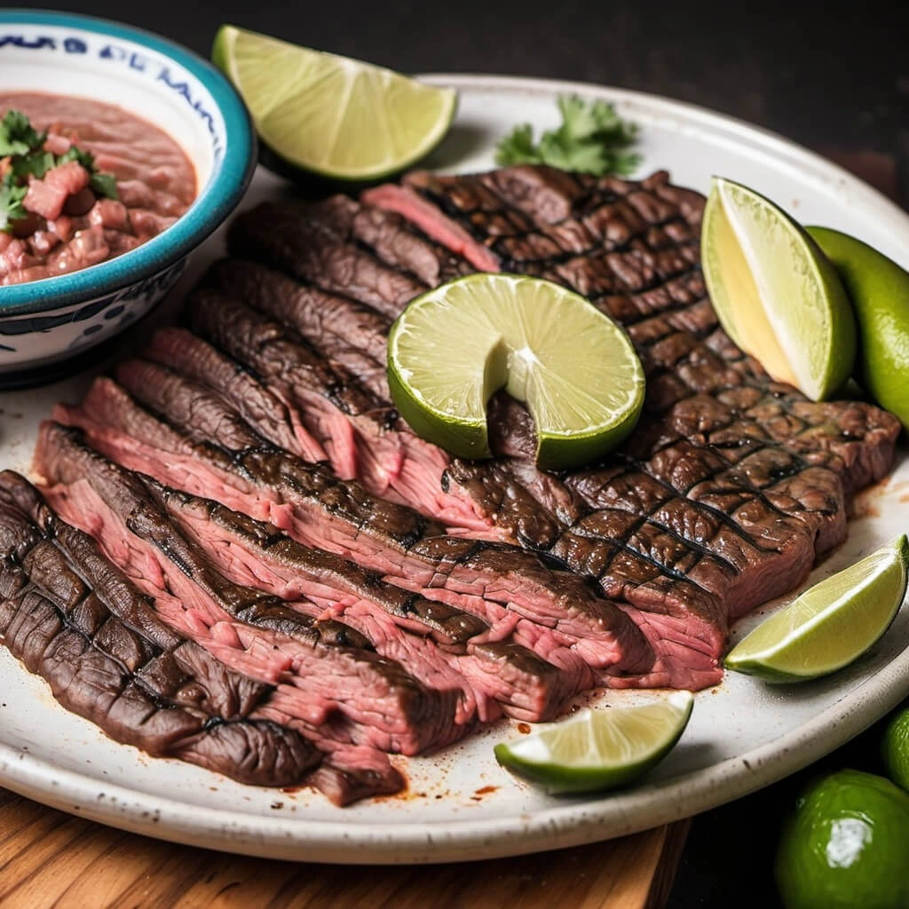 Juicy, grilled carne asada steak marinated in a flavorful Mexican asada marinade, thinly sliced and served with fresh lime wedges and a side of Mexican beans.