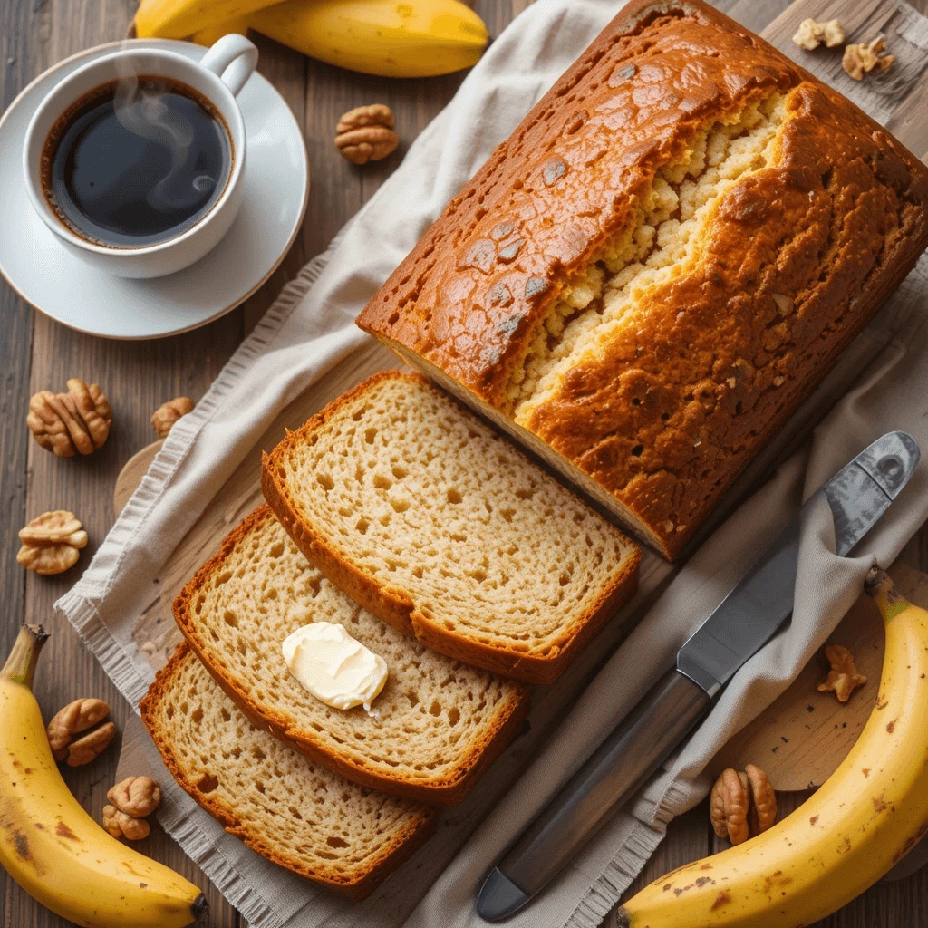 Freshly baked banana bread with a golden-brown crust, sliced and served with a pat of butter, accompanied by a cup of steaming coffee, ripe bananas, and walnuts on a rustic wooden table.